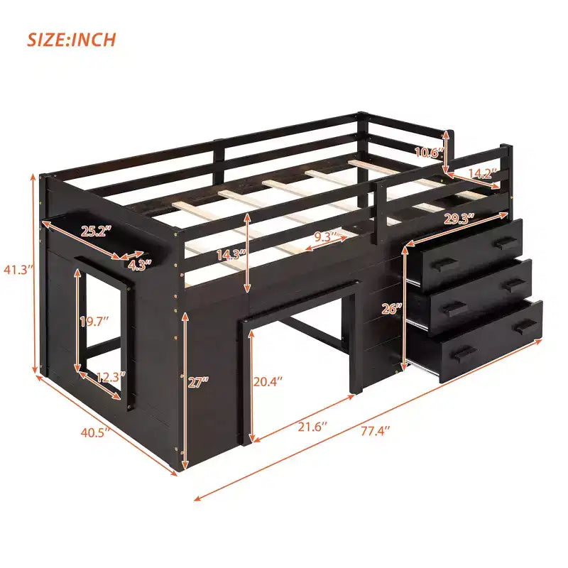 77.4L x 40.5W Modern Design Twin Size Loft Bed with Cabinet and Shelf, Designed for your safety