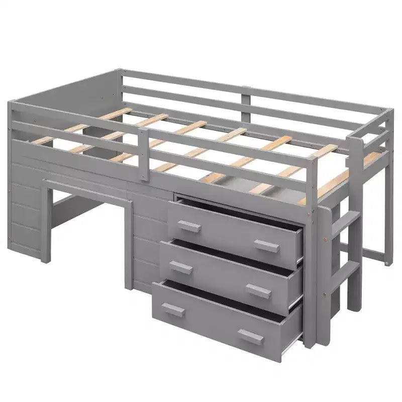 77.4L x 40.5W Modern Design Twin Size Loft Bed with Cabinet and Shelf, Designed for your safety