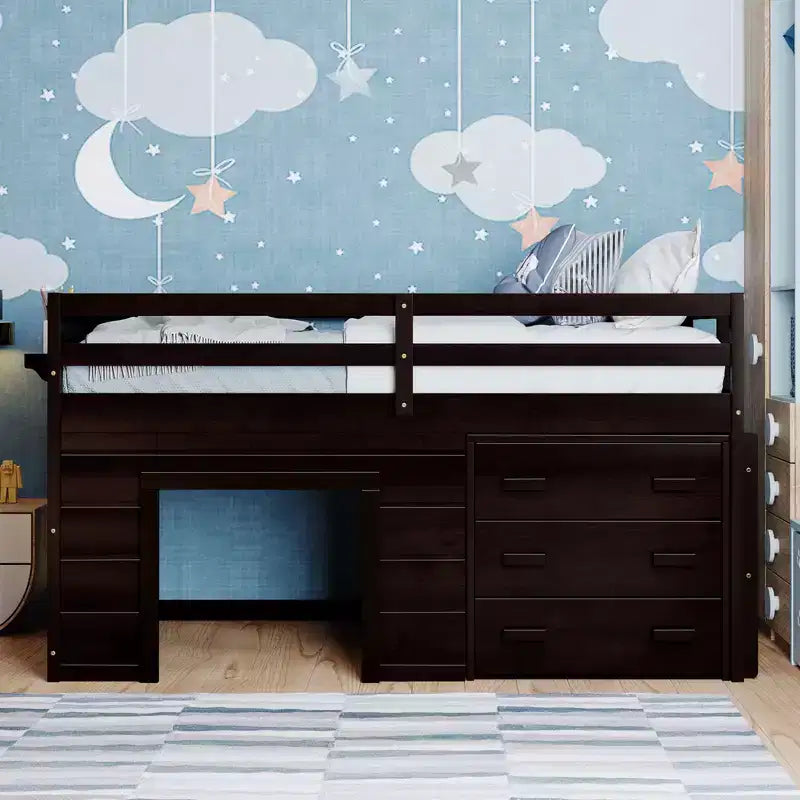 77.4L x 40.5W Modern Design Twin Size Loft Bed with Cabinet and Shelf, Designed for your safety