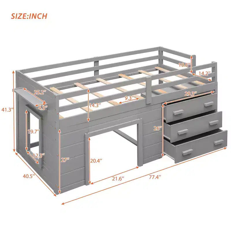 77.4L x 40.5W Modern Design Twin Size Loft Bed with Cabinet and Shelf, Designed for your safety