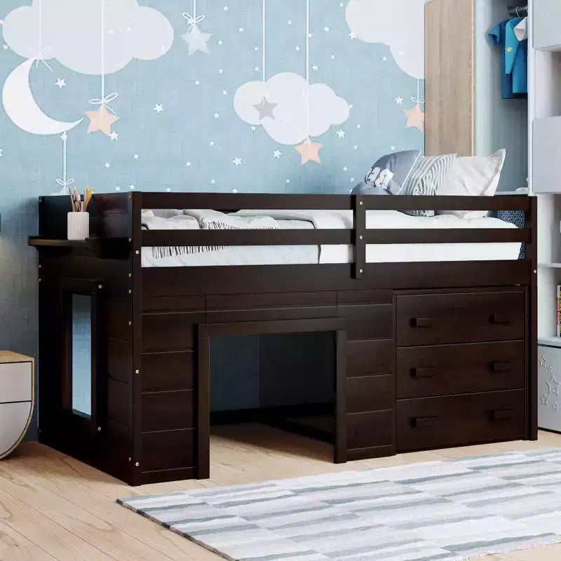 77.4L x 40.5W Modern Design Twin Size Loft Bed with Cabinet and Shelf, Designed for your safety