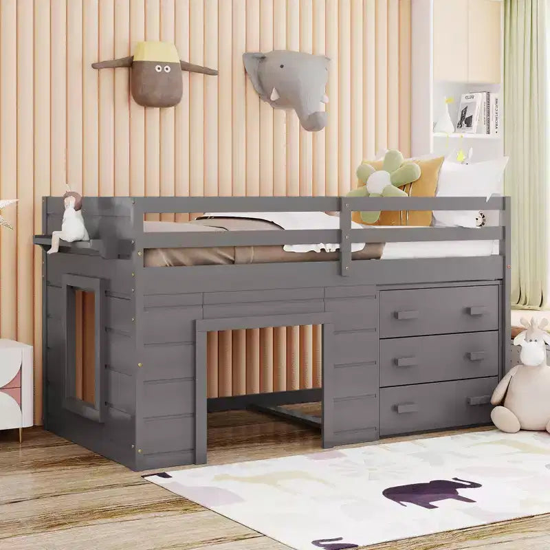 77.4L x 40.5W Modern Design Twin Size Loft Bed with Cabinet and Shelf, Designed for your safety