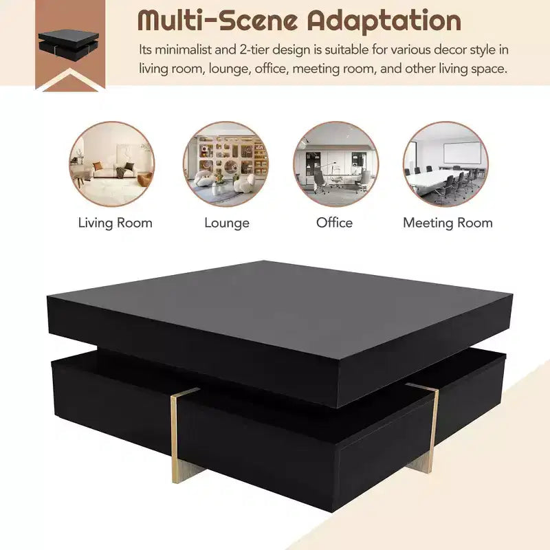 Modern High Gloss Coffee Table with 4 Drawers, Multi-Storage Square Cocktail Tea Table, Wood Grain Legs, 31.5x31.5', Black