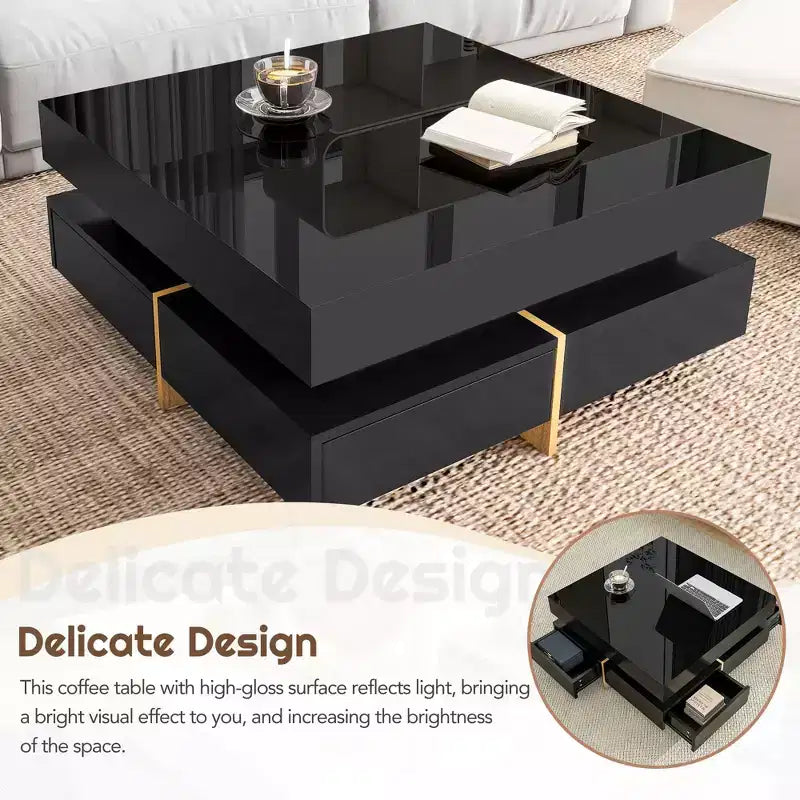 Modern High Gloss Coffee Table with 4 Drawers, Multi-Storage Square Cocktail Tea Table, Wood Grain Legs, 31.5x31.5', Black