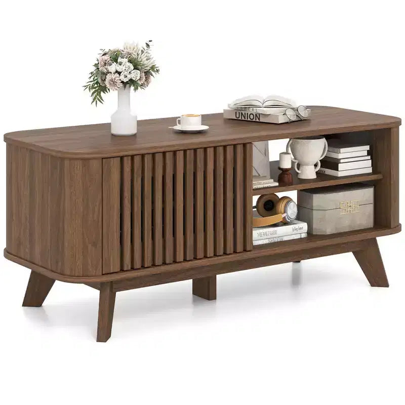 Coffee Table with Storage Adjustable Shelves & 2 Doors Wood Cocktail Table