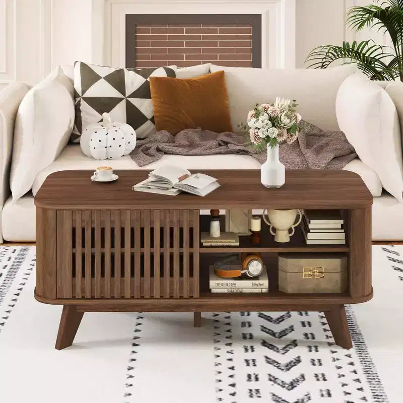 Coffee Table with Storage Adjustable Shelves & 2 Doors Wood Cocktail Table
