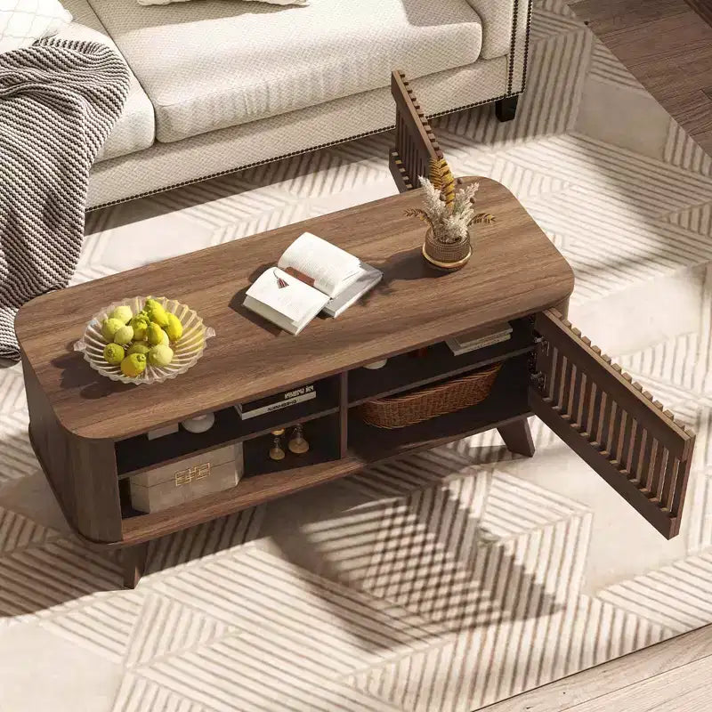 Coffee Table with Storage Adjustable Shelves & 2 Doors Wood Cocktail Table