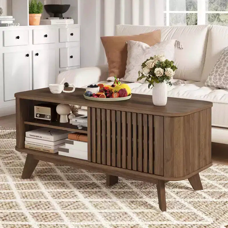 Coffee Table with Storage Adjustable Shelves & 2 Doors Wood Cocktail Table