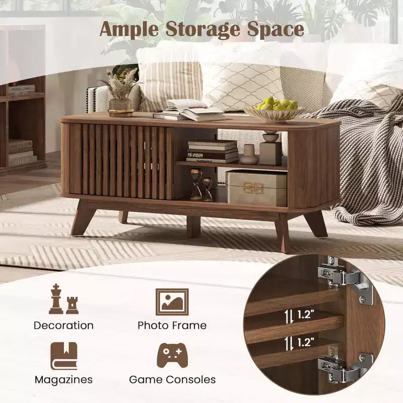 Coffee Table with Storage Adjustable Shelves & 2 Doors Wood Cocktail Table