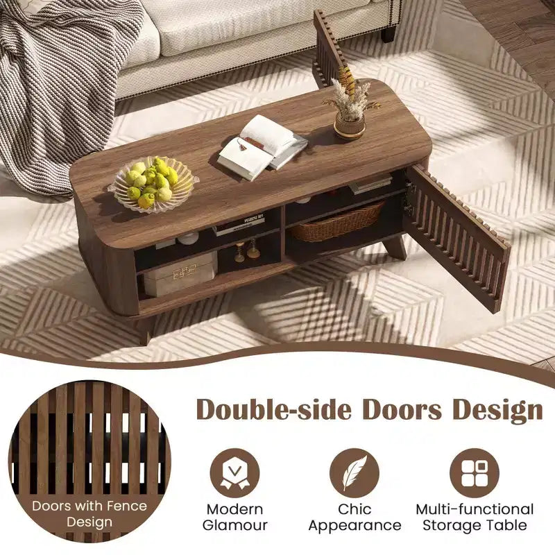 Coffee Table with Storage Adjustable Shelves & 2 Doors Wood Cocktail Table