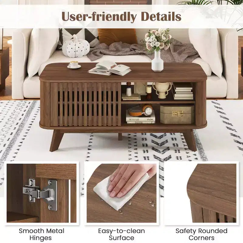 Coffee Table with Storage Adjustable Shelves & 2 Doors Wood Cocktail Table