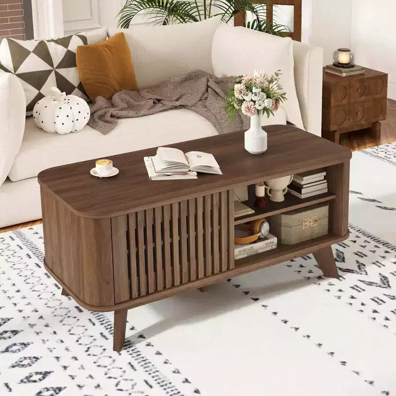 Coffee Table with Storage Adjustable Shelves & 2 Doors Wood Cocktail Table