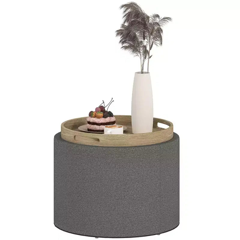 Storage Ottoman Coffee Table with Flip Top Tray and Hidden Space, Round Foot Stool with Linen-feel Fabric Upholstery