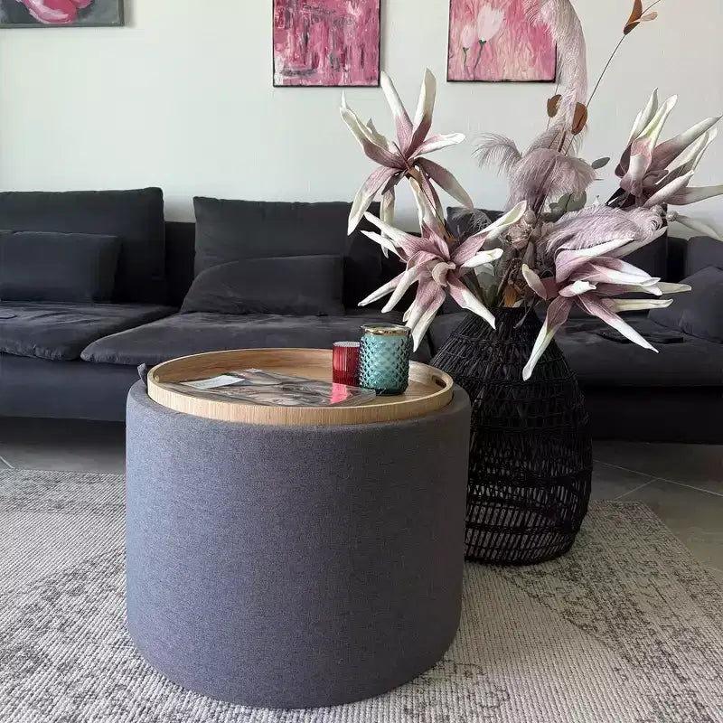 Storage Ottoman Coffee Table with Flip Top Tray and Hidden Space, Round Foot Stool with Linen-feel Fabric Upholstery