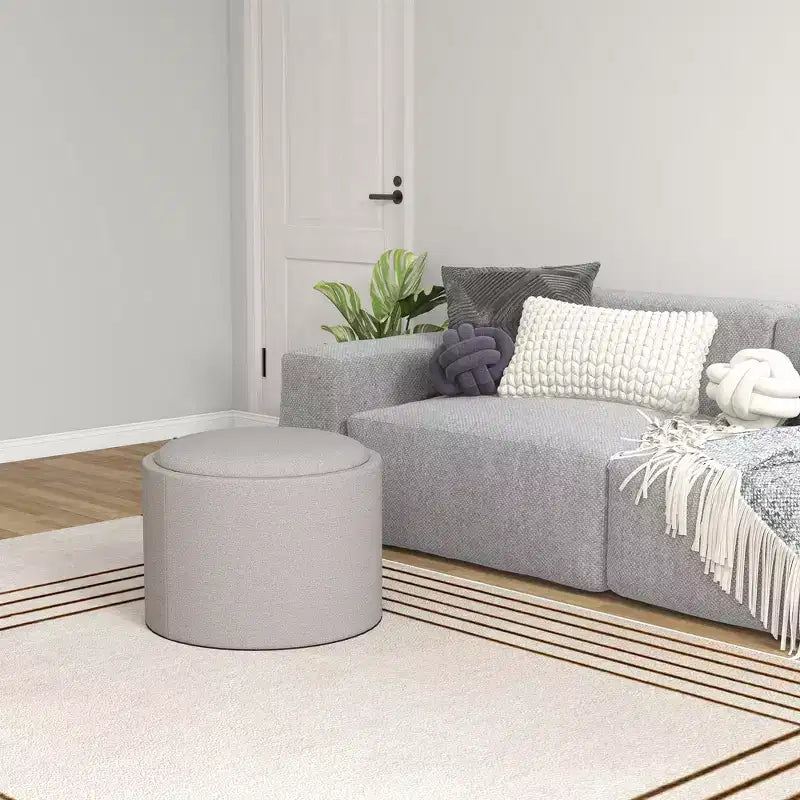 Storage Ottoman Coffee Table with Flip Top Tray and Hidden Space, Round Foot Stool with Linen-feel Fabric Upholstery