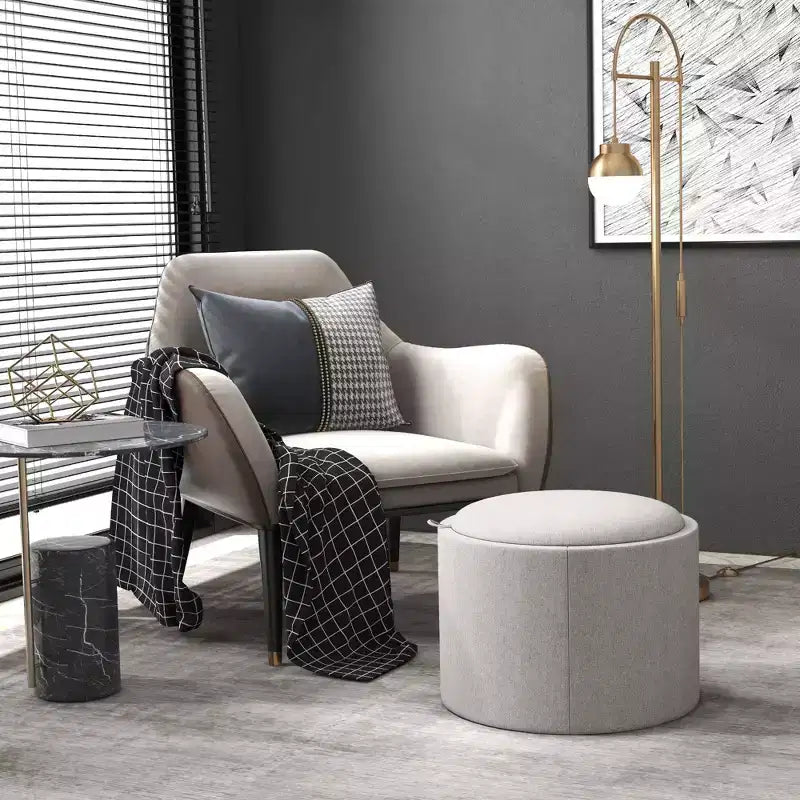 Storage Ottoman Coffee Table with Flip Top Tray and Hidden Space, Round Foot Stool with Linen-feel Fabric Upholstery