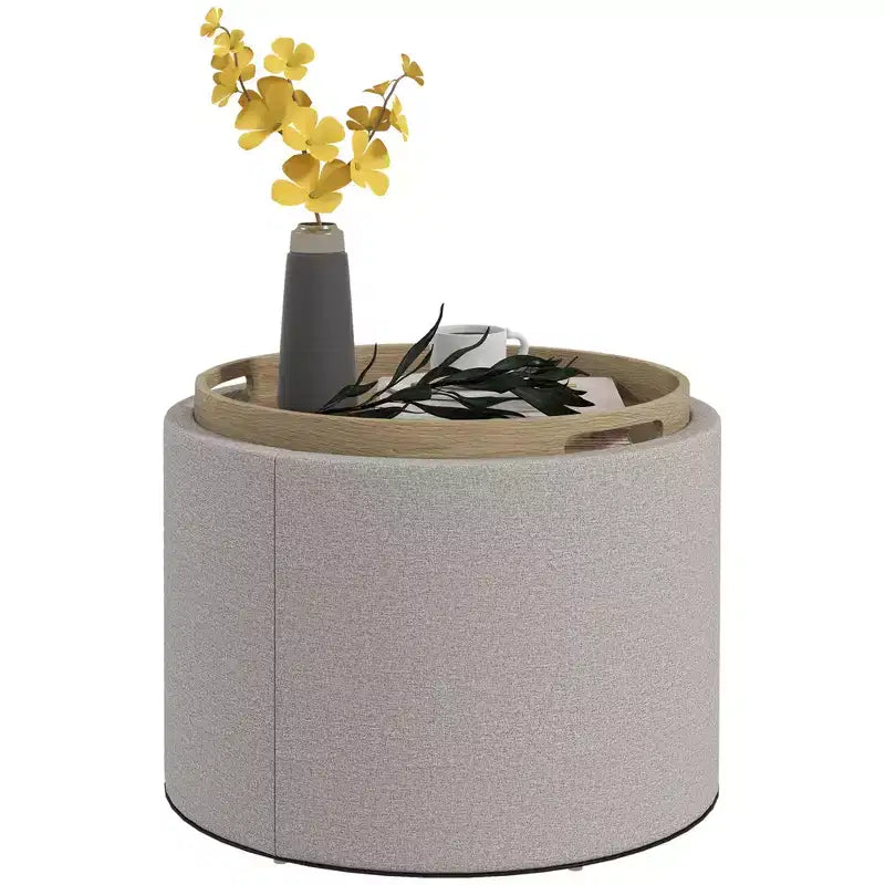 Storage Ottoman Coffee Table with Flip Top Tray and Hidden Space, Round Foot Stool with Linen-feel Fabric Upholstery
