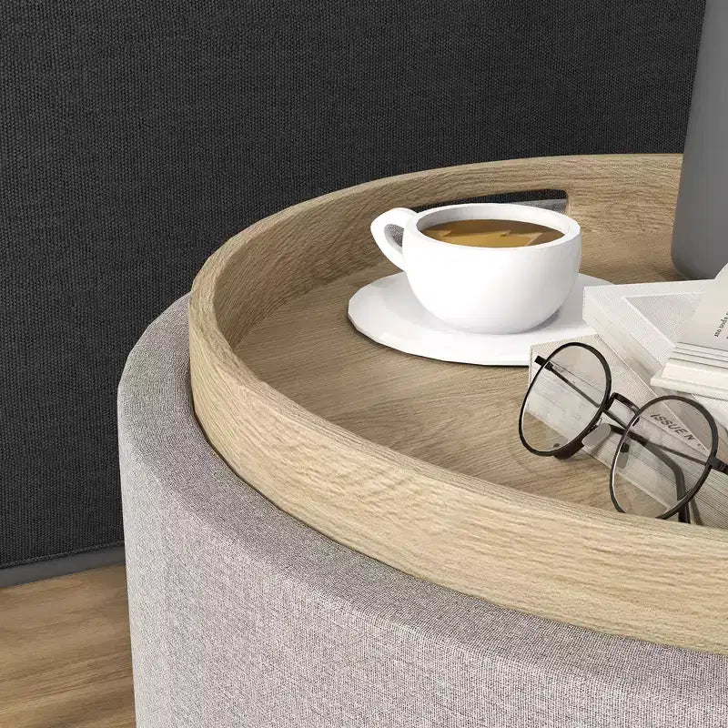 Storage Ottoman Coffee Table with Flip Top Tray and Hidden Space, Round Foot Stool with Linen-feel Fabric Upholstery