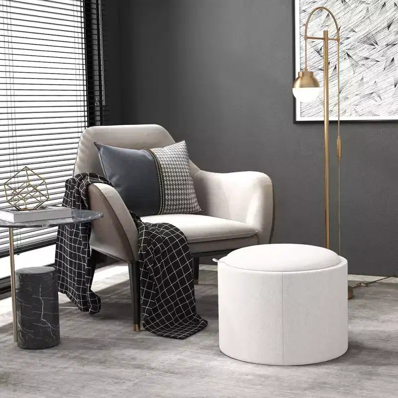 Storage Ottoman Coffee Table with Flip Top Tray and Hidden Space, Round Foot Stool with Linen-feel Fabric Upholstery