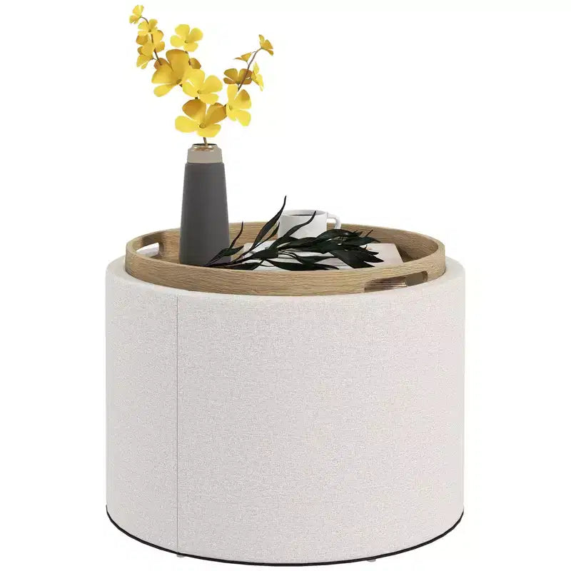 Storage Ottoman Coffee Table with Flip Top Tray and Hidden Space, Round Foot Stool with Linen-feel Fabric Upholstery