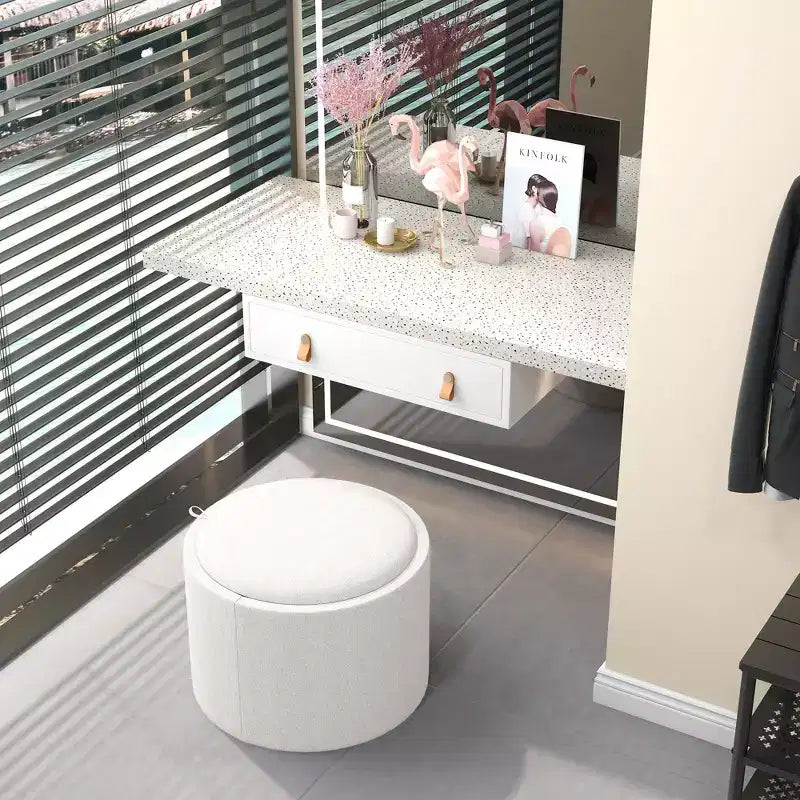 Storage Ottoman Coffee Table with Flip Top Tray and Hidden Space, Round Foot Stool with Linen-feel Fabric Upholstery