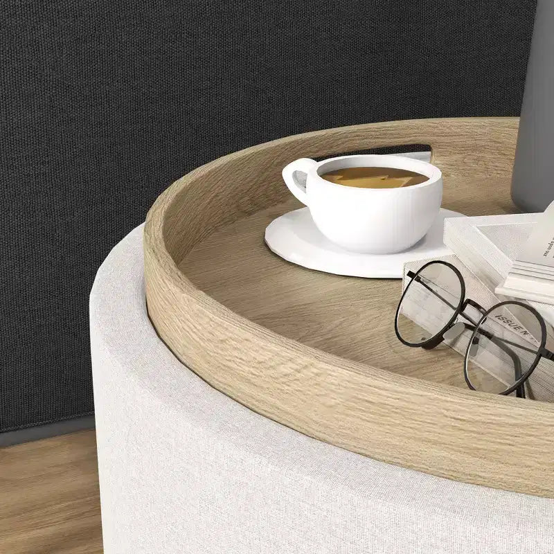 Storage Ottoman Coffee Table with Flip Top Tray and Hidden Space, Round Foot Stool with Linen-feel Fabric Upholstery