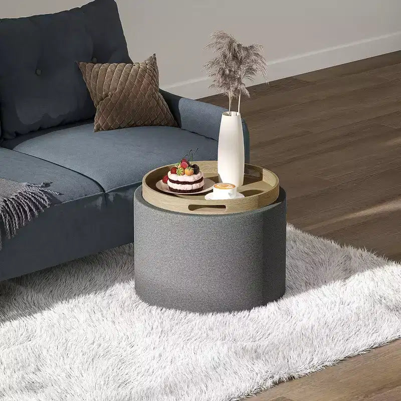 Storage Ottoman Coffee Table with Flip Top Tray and Hidden Space, Round Foot Stool with Linen-feel Fabric Upholstery
