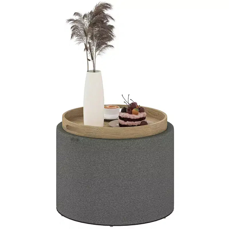 Storage Ottoman Coffee Table with Flip Top Tray and Hidden Space, Round Foot Stool with Linen-feel Fabric Upholstery