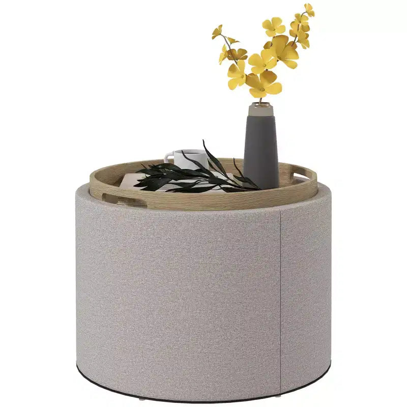 Storage Ottoman Coffee Table with Flip Top Tray and Hidden Space, Round Foot Stool with Linen-feel Fabric Upholstery