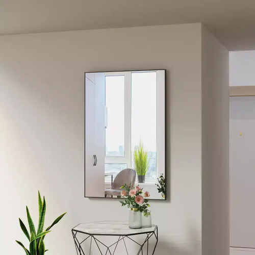 36x24 Modern Black Bathroom Mirror: Aluminum Frame, Vertical/Horizontal, Decorative