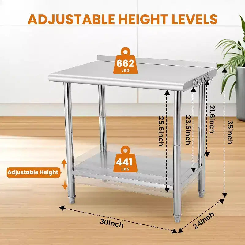 Heavy Duty Stainless Steel Work Table, Adjustable Height Utility Table for Home, Garage, and Restaurant Use