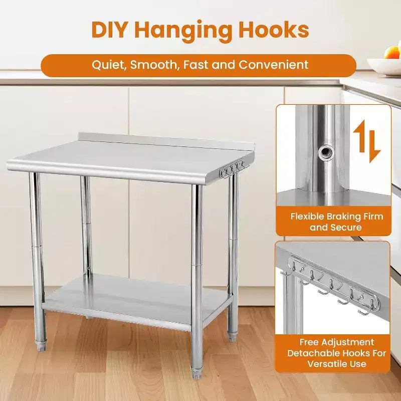 Heavy Duty Stainless Steel Work Table, Adjustable Height Utility Table for Home, Garage, and Restaurant Use