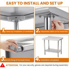 Heavy Duty Stainless Steel Work Table, Adjustable Height Utility Table for Home, Garage, and Restaurant Use