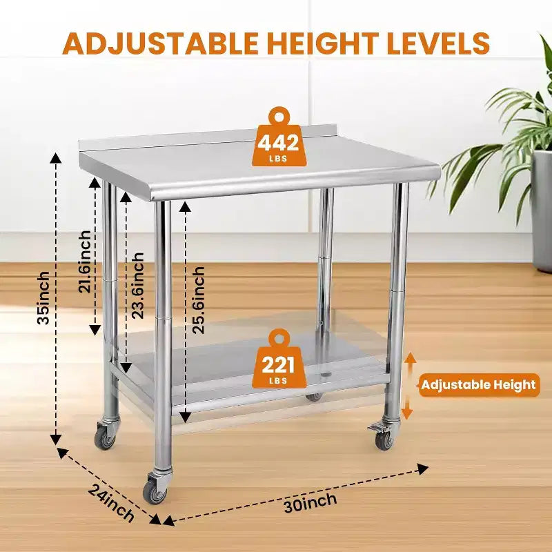 Heavy Duty Stainless Steel Work Table, Adjustable Height Utility Table for Home, Garage, and Restaurant Use