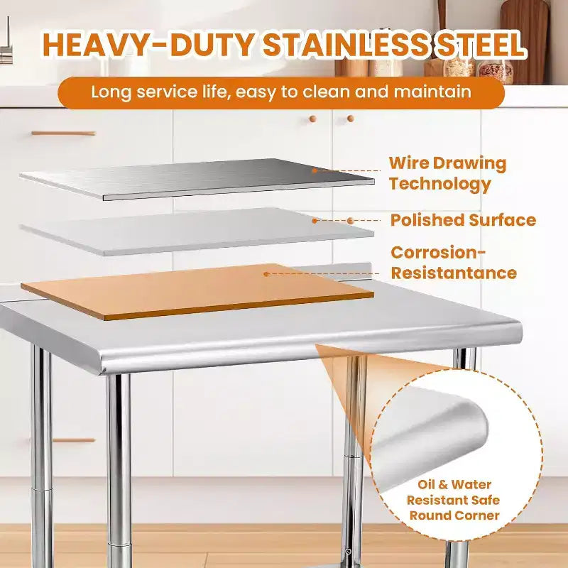 Heavy Duty Stainless Steel Work Table, Adjustable Height Utility Table for Home, Garage, and Restaurant Use