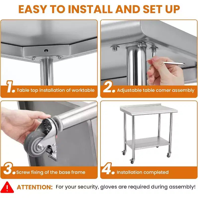 Heavy Duty Stainless Steel Work Table, Adjustable Height Utility Table for Home, Garage, and Restaurant Use