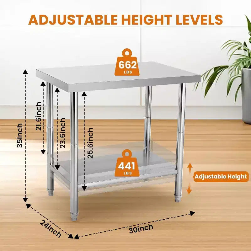 Heavy Duty Stainless Steel Work Table, Adjustable Height Utility Table for Home, Garage, and Restaurant Use