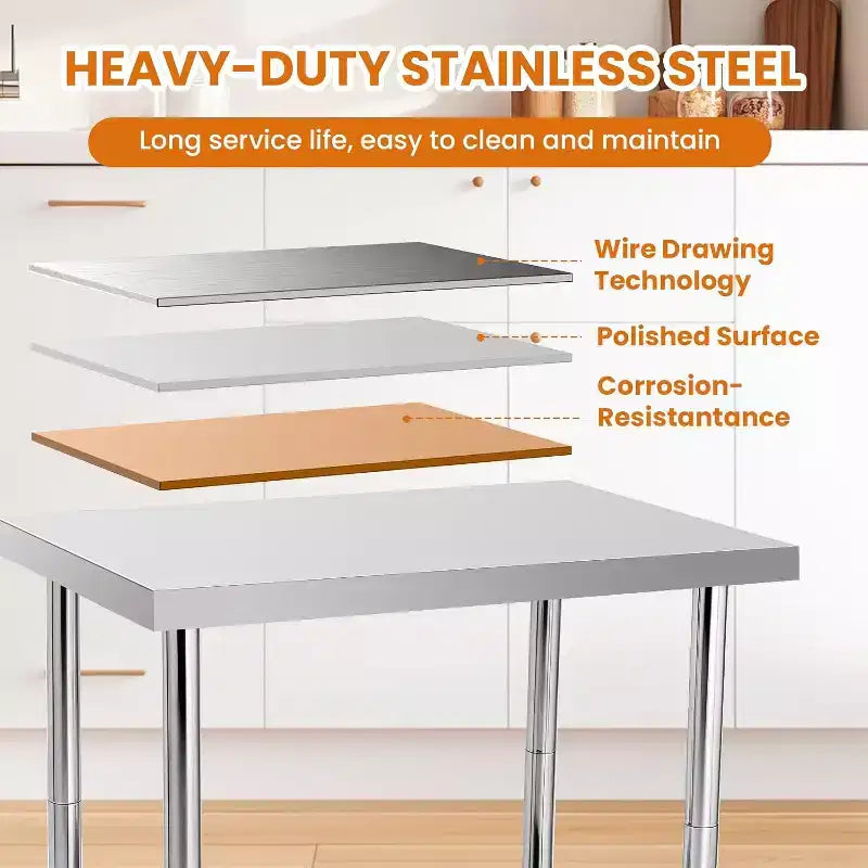 Heavy Duty Stainless Steel Work Table, Adjustable Height Utility Table for Home, Garage, and Restaurant Use