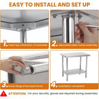 Heavy Duty Stainless Steel Work Table, Adjustable Height Utility Table for Home, Garage, and Restaurant Use