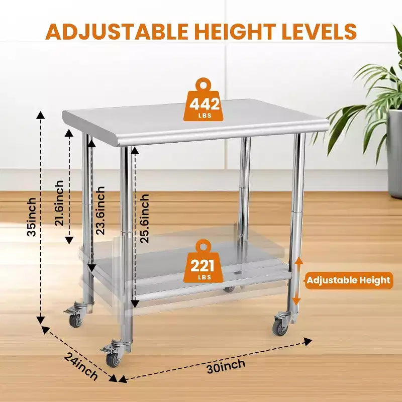 Heavy Duty Stainless Steel Work Table, Adjustable Height Utility Table for Home, Garage, and Restaurant Use