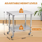 Heavy Duty Stainless Steel Work Table, Adjustable Height Utility Table for Home, Garage, and Restaurant Use