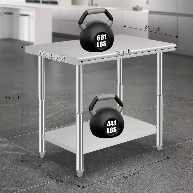 Heavy Duty Stainless Steel Work Table, Adjustable Height Utility Table for Home, Garage, and Restaurant Use