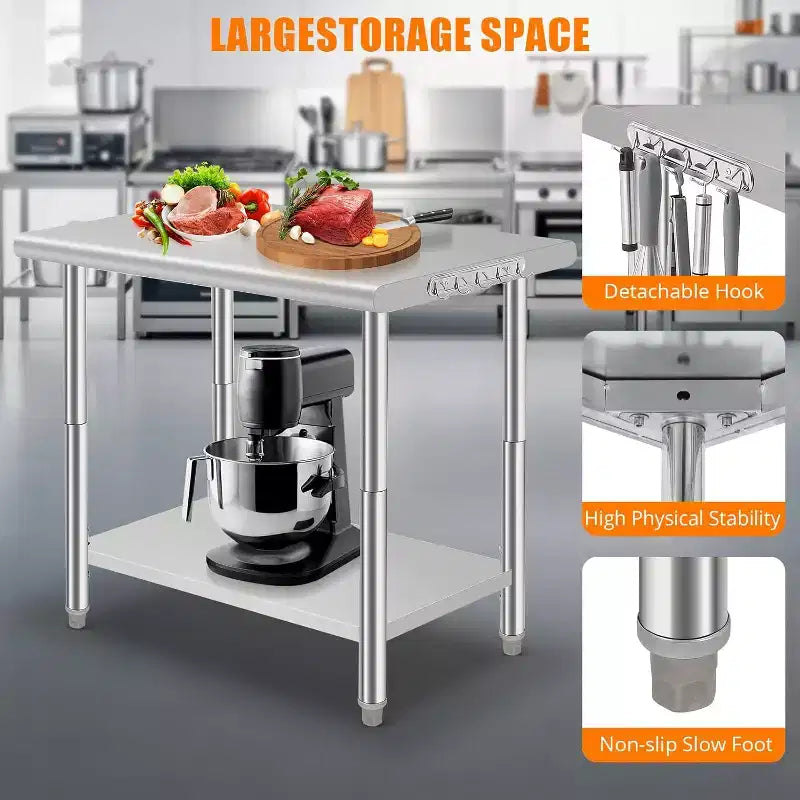 Heavy Duty Stainless Steel Work Table, Adjustable Height Utility Table for Home, Garage, and Restaurant Use