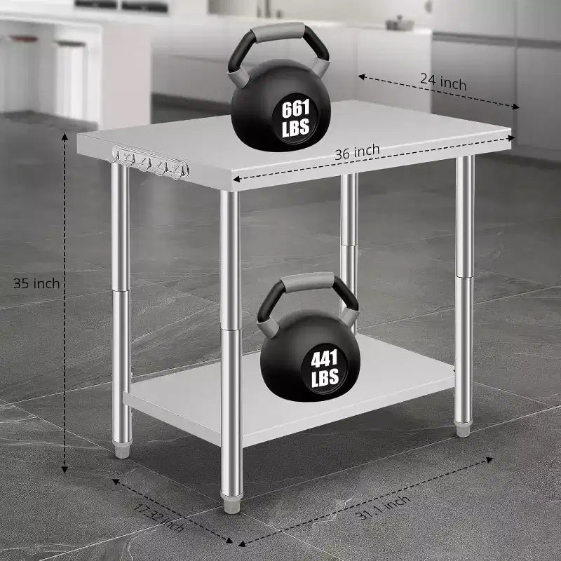 Heavy Duty Stainless Steel Work Table, Adjustable Height Utility Table for Home, Garage, and Restaurant Use