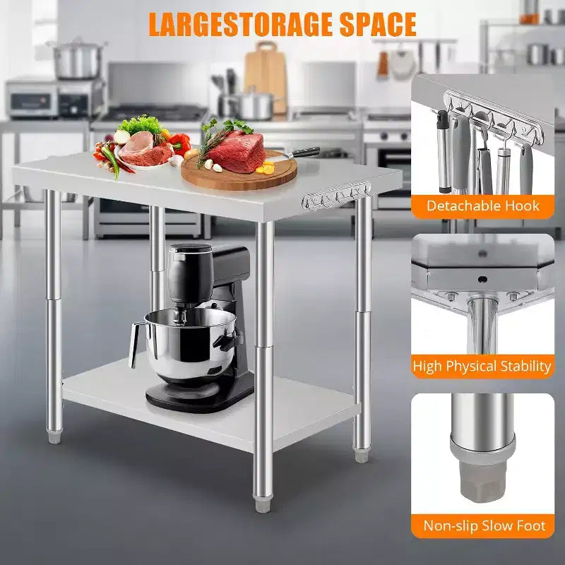 Heavy Duty Stainless Steel Work Table, Adjustable Height Utility Table for Home, Garage, and Restaurant Use
