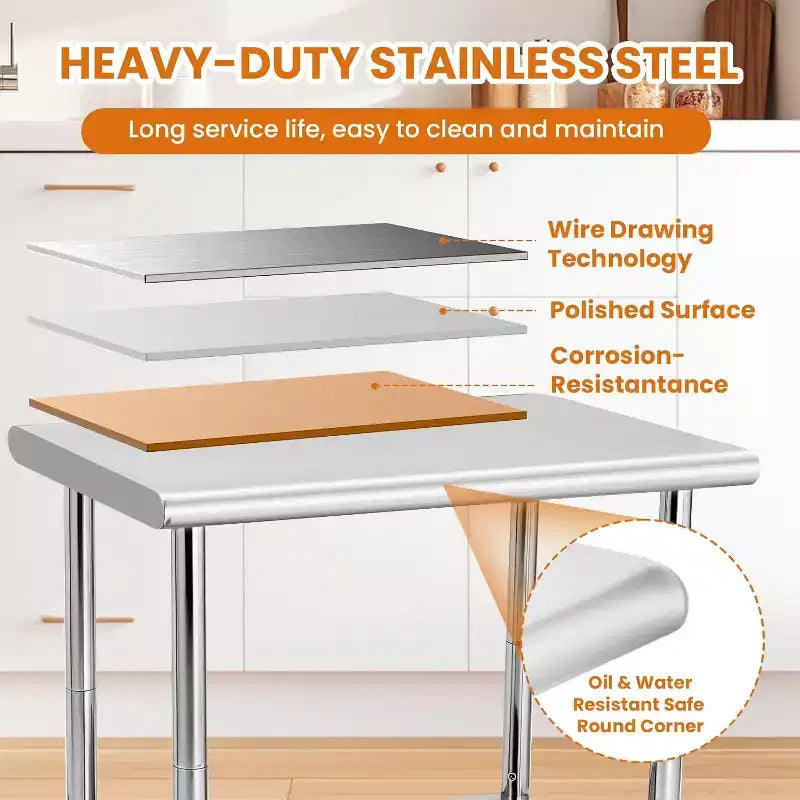 Heavy Duty Stainless Steel Work Table, Adjustable Height Utility Table for Home, Garage, and Restaurant Use