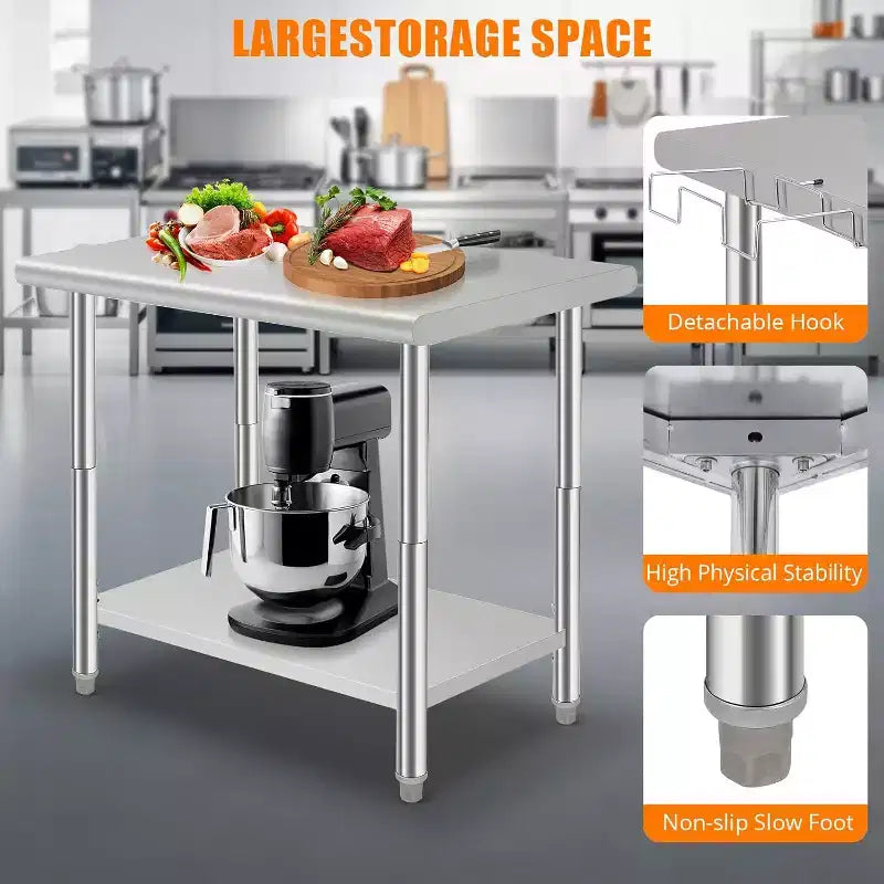 Heavy Duty Stainless Steel Work Table, Adjustable Height Utility Table for Home, Garage, and Restaurant Use