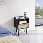 Rattan End Table, Modern Nightstand with Drawer and Solid Wood Legs, Side Table for Living Room, Bedroom, Black