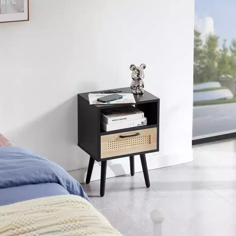 Rattan End Table, Modern Nightstand with Drawer and Solid Wood Legs, Side Table for Living Room, Bedroom, Black