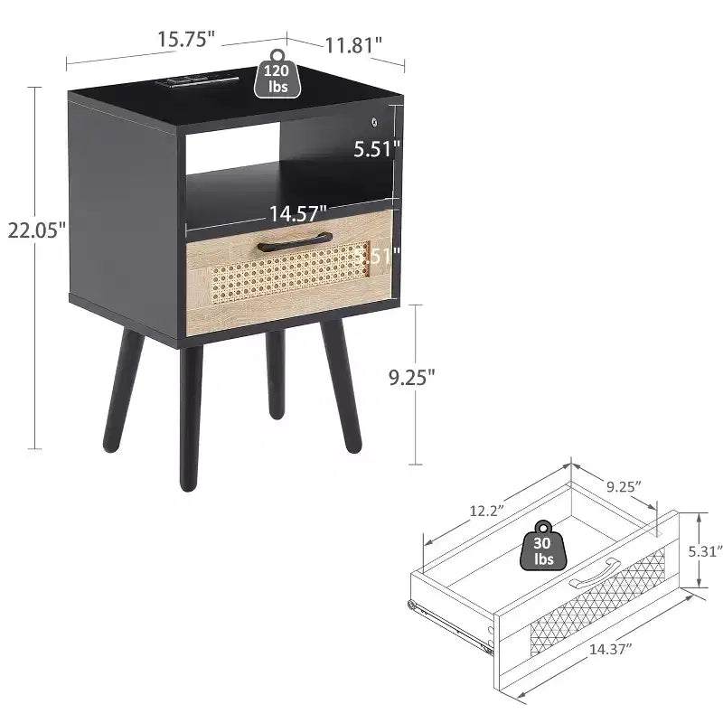 Rattan End Table, Modern Nightstand with Drawer and Solid Wood Legs, Side Table for Living Room, Bedroom, Black